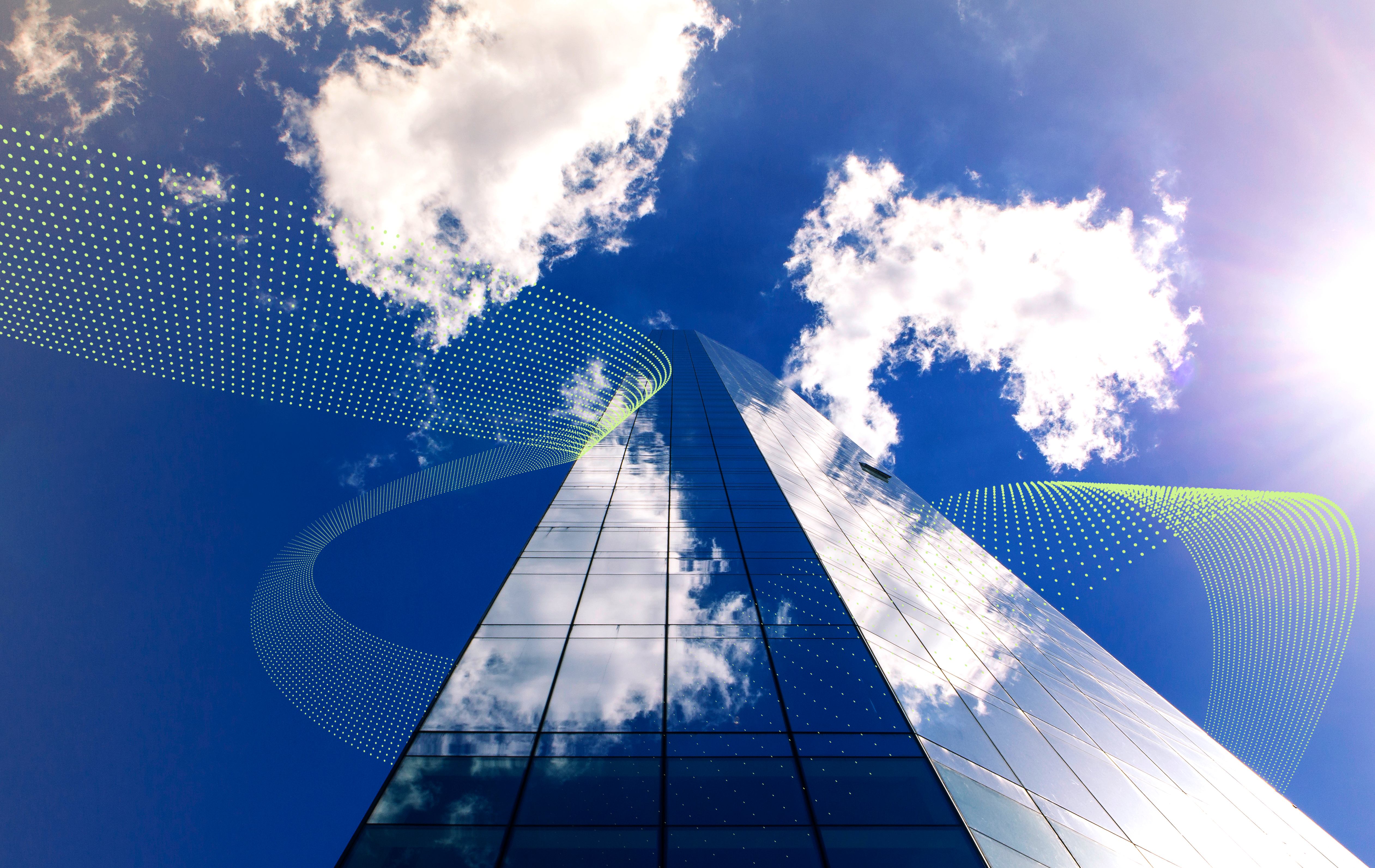 Skyscraper with light green ribbon wrapping around it