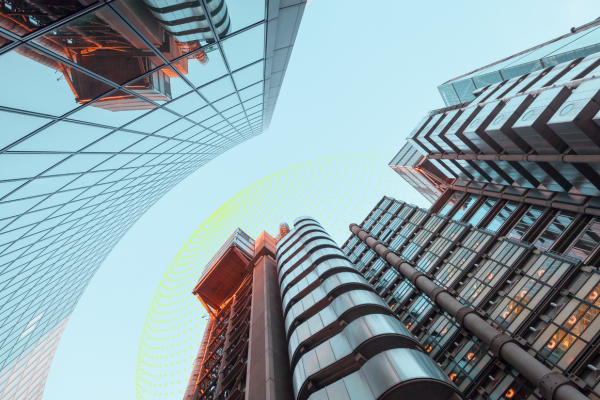 Image of skyscrapers with illustration in background 