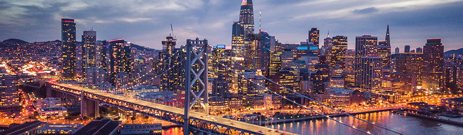 Evening view of Bay Bridge and San Francisco skyline