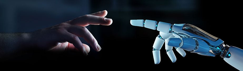 Robot hand reaching for human hand with dark background