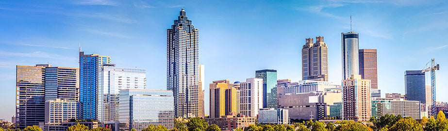 City skyline with skyscrapers on clear day